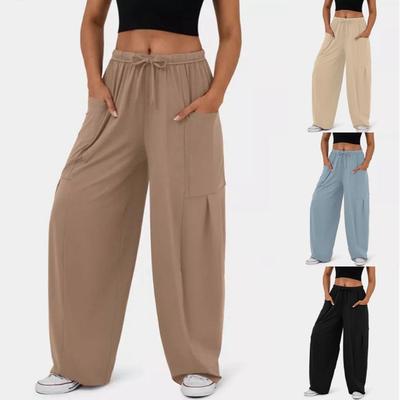 Women's Fashionable Elastic Waist Pleated Wide-leg Pocket High Waist Pants Casual Loose Trousers