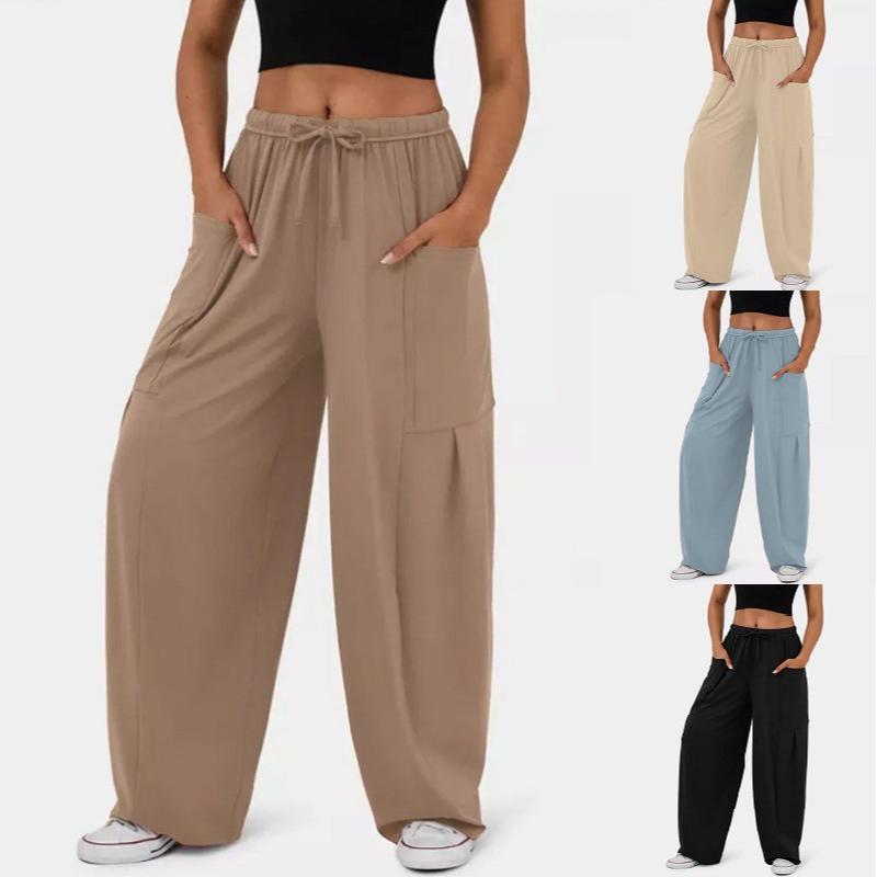Women's Fashionable Elastic Waist Pleated Wide-leg Pocket High Waist Pants Casual Loose Trousers