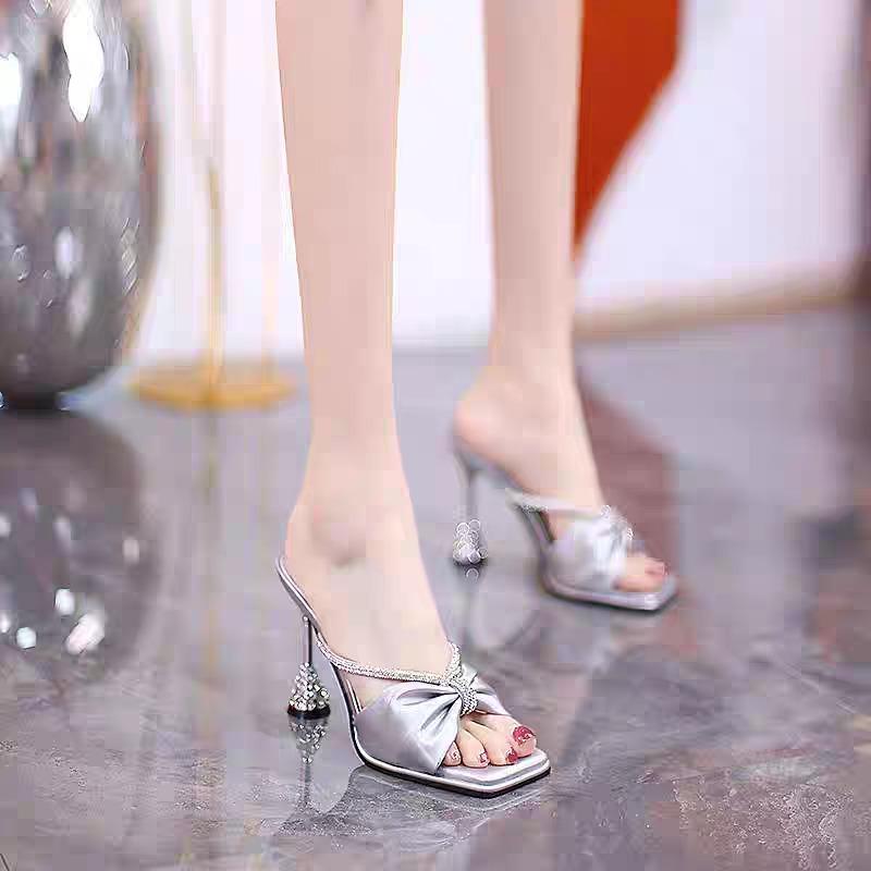 2025Silk Leopard Print Rhinestone Stiletto Mules Square Toe Peep Toe High Heels Summer Women Shoes Elegant Sandalias De Mujer