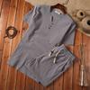 Mens Cotton Linen Set Solid Color Short-Sleeved T-Shirt Large Size Casual Set