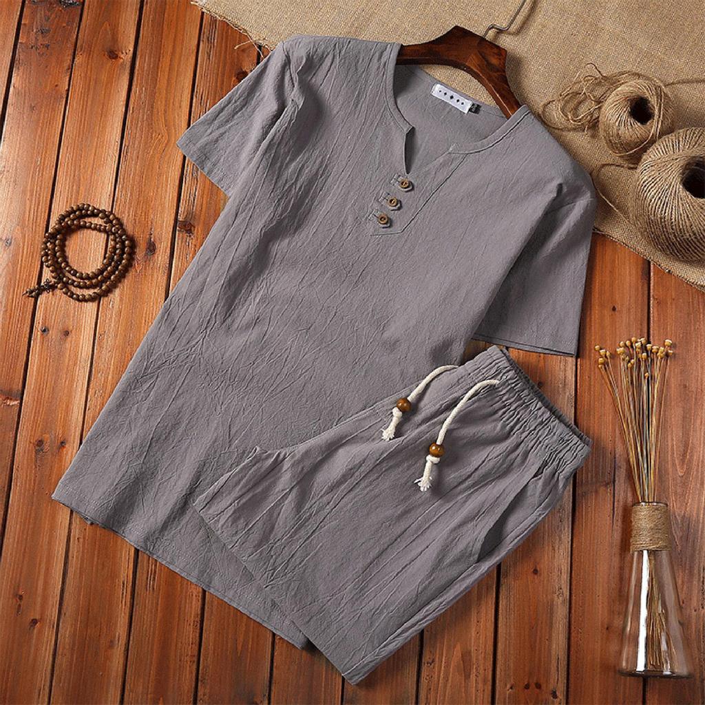 Mens Cotton Linen Set Solid Color Short-Sleeved T-Shirt Large Size Casual Set