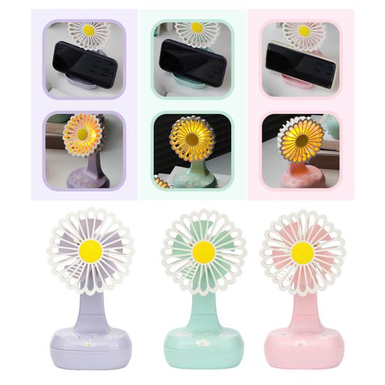 Summer Flower Desk Fan with Night Light Phone Holder 3-Speed Angle Adjustable Fan Rechargeable Office Bedroom Travel Personal Cooling