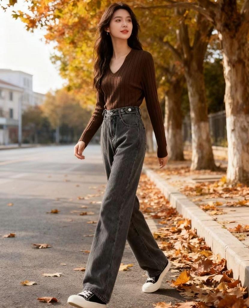 Bobo Hanhan Denim Pants with Fleece Adjustable and Perfect for Fall and Winter & Women's Wide-Leg Lining, Waist, High-Waisted Pants, Leg-Shaping,