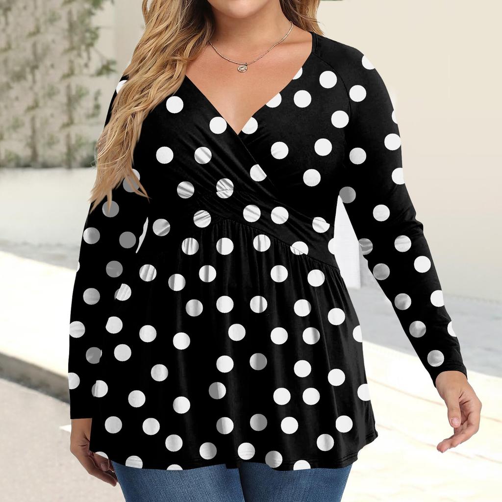 Women's Plus Size Shirt Long Sleeve  Print Top Pleated Casual V-Neck Top
