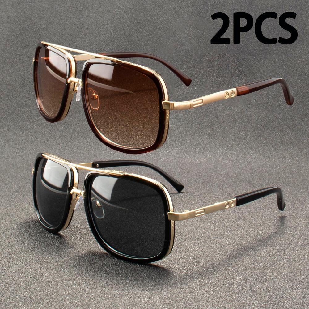 2PCS Fashion Big Frame Sunglasses Men Square Metal Sun Glasses Women Retro  Sun Glasses Vintage High Quality