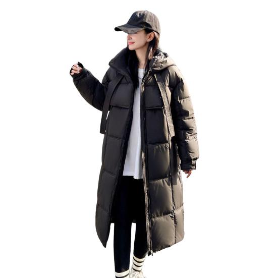 Long Puffer Jacket for Women Winter Warm Hooded Coat with Zip Thickened Long Sleeve Down Coat with Pockets