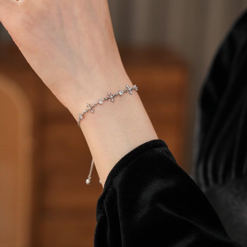 Elegant Zircon Cross Iris Flower Bracelet Women Minimalist Chic Tone Statement Jewelry