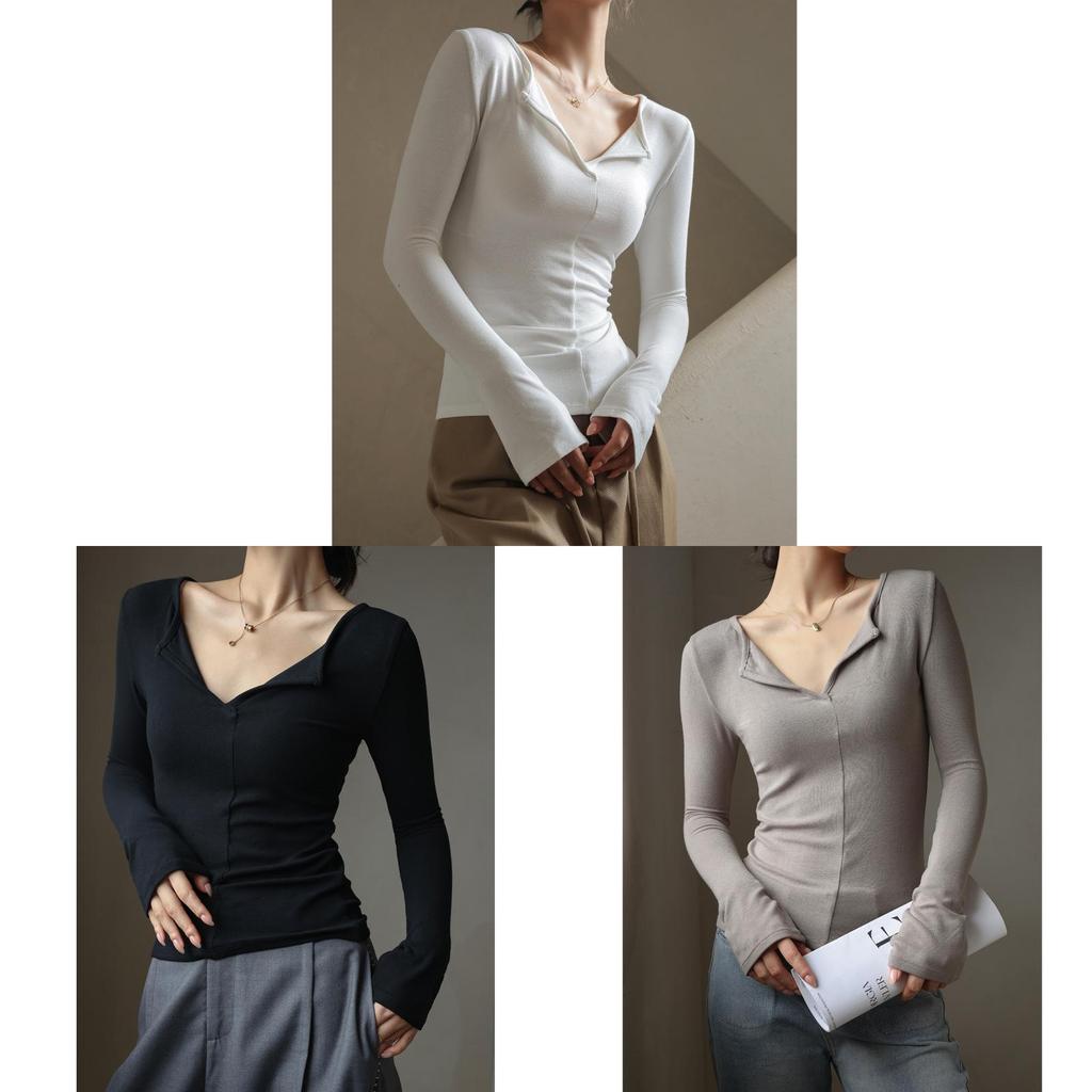 Minimalist Modale V Neck T Shirt For Women With Snake Bone Pattern For Autumn Winter Casual Wear