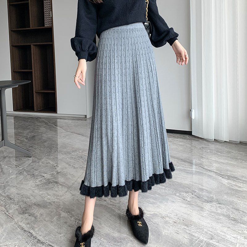 Umbrella A-Line Women's Autumn Winter Knitted Midi Half Skirt Slim-Fit High Waist Wool Skirt