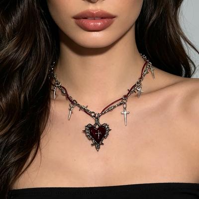Punk Gothic Thorn Red Heart Pendant Necklace, Y2K Metal Rivet Spikes Choker, Grunge Hip Hop Collar Jewelry Gifts for Women