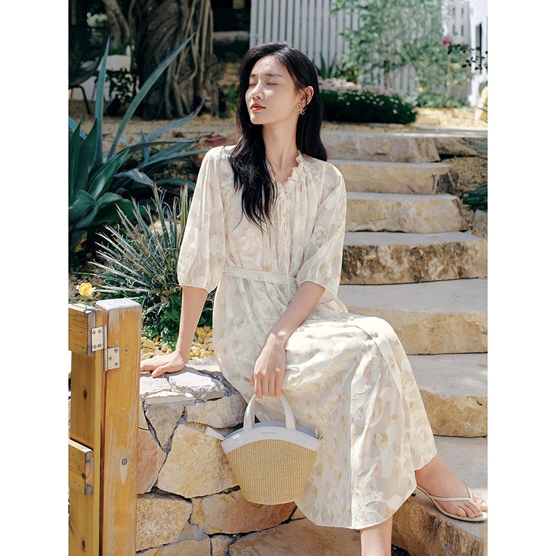 [Grass] Jiuzi Anna Kou Rural Style Plant Printed Scissors Waist Dress for Women 2026 Summer New Style
