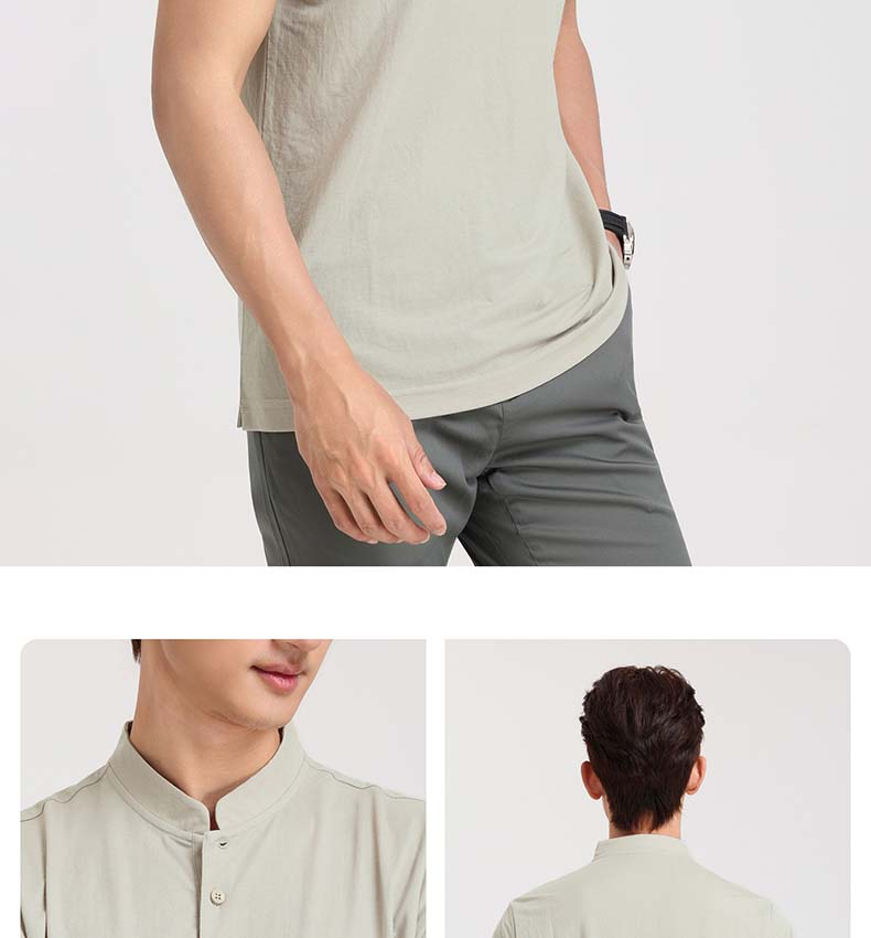 [Imitation Hemp Chinese Style] Langdeng Men's Stand up Collar T-shirt 2026 Summer New Half Open Lightweight Chinese Style Short Sleeve