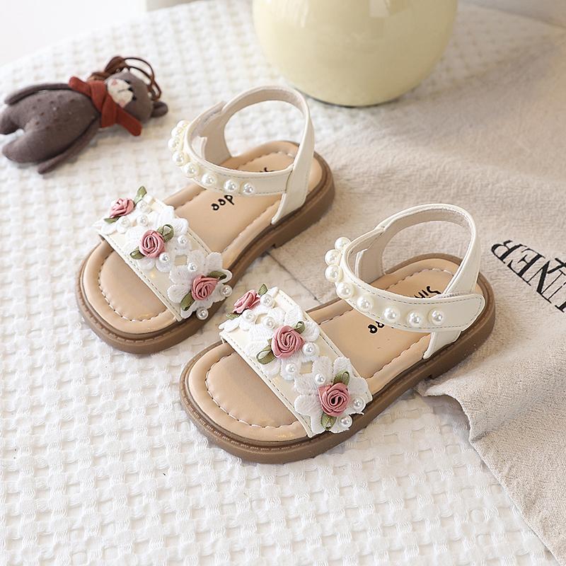 Girls' Sandals Pearl Flowers Princess Sweet Non-Slip Soft Breathable Comfortable Children'S Beach Shoes Summer Sandals