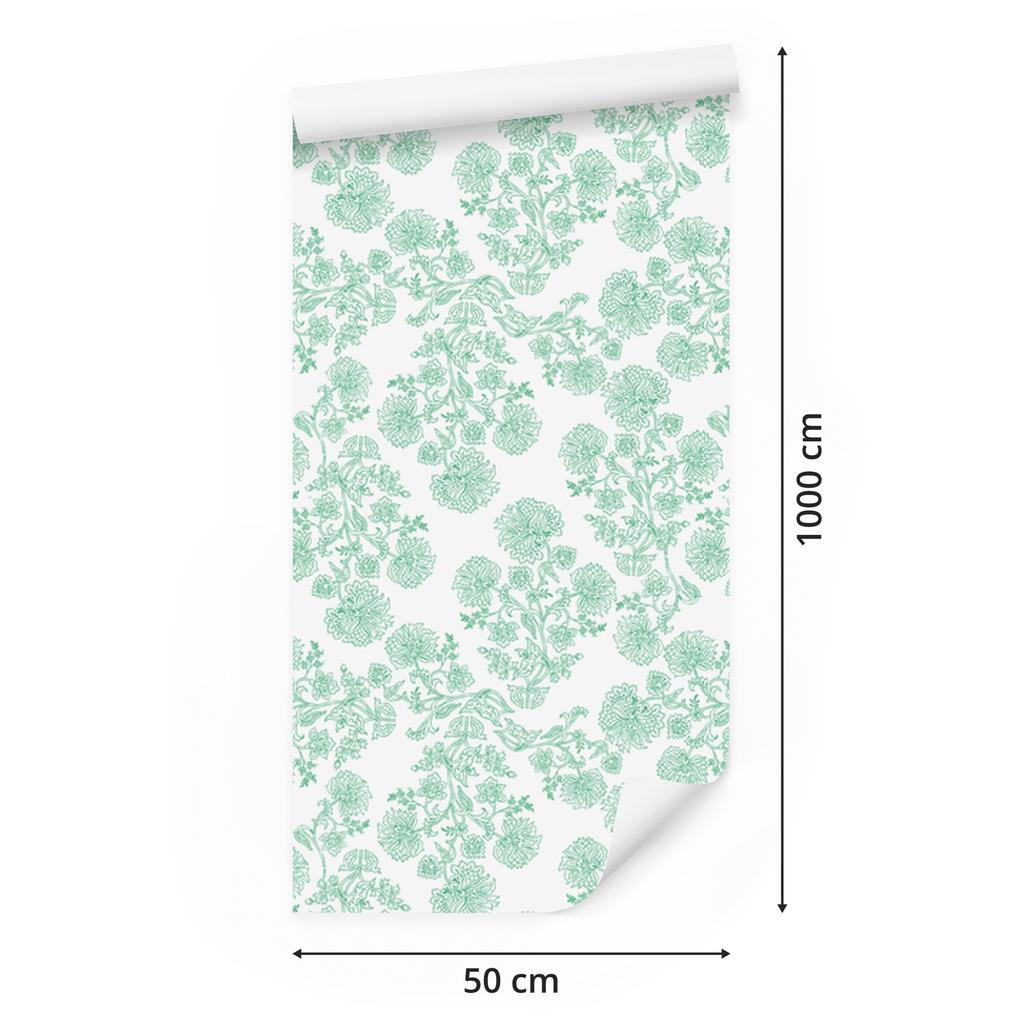 Wallpaper Flowers white and mint, white background for living room and bedroom 50x1000