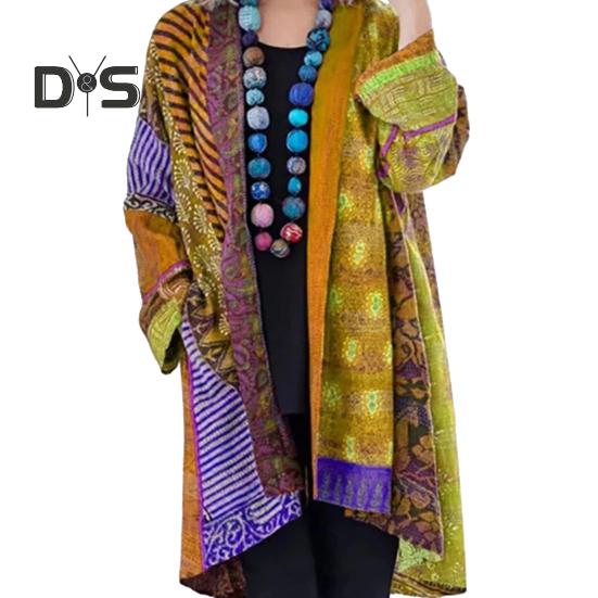 Women Coat with Pockets Colorful Printing Cardigan Long Sleeves Retro Ethnic Style Mid Length Loose Spring Autumn Jacket