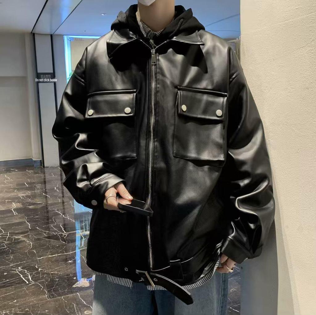 Men's Retro Double Zipper Hooded Leather Jacket - Autumn/Winter Trendy Motorcycle Style