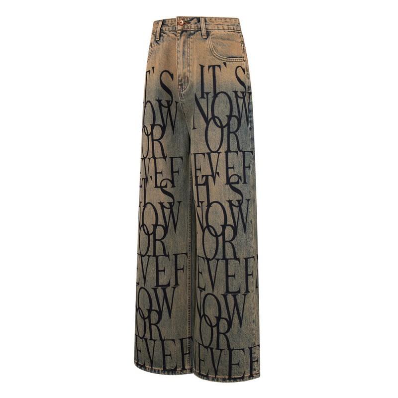 Mens Distressed Letter Print Loose Straight Leg Jeans Streetwear Wide Denim Pants