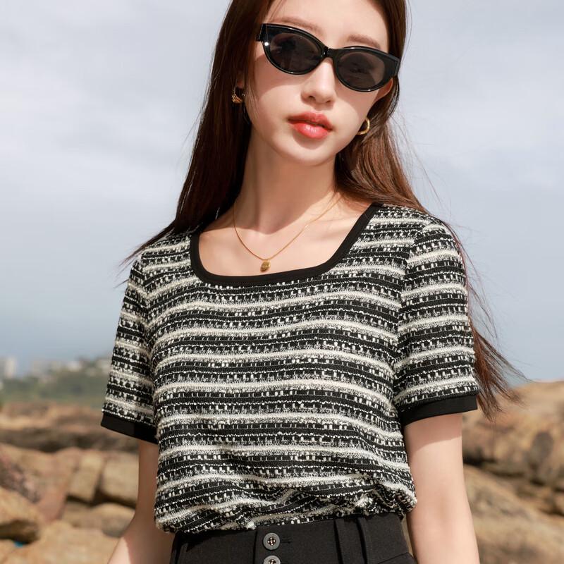 

Sancai Women s Plus Size French Style Striped Square Neck Short Sleeve T-Shirt L