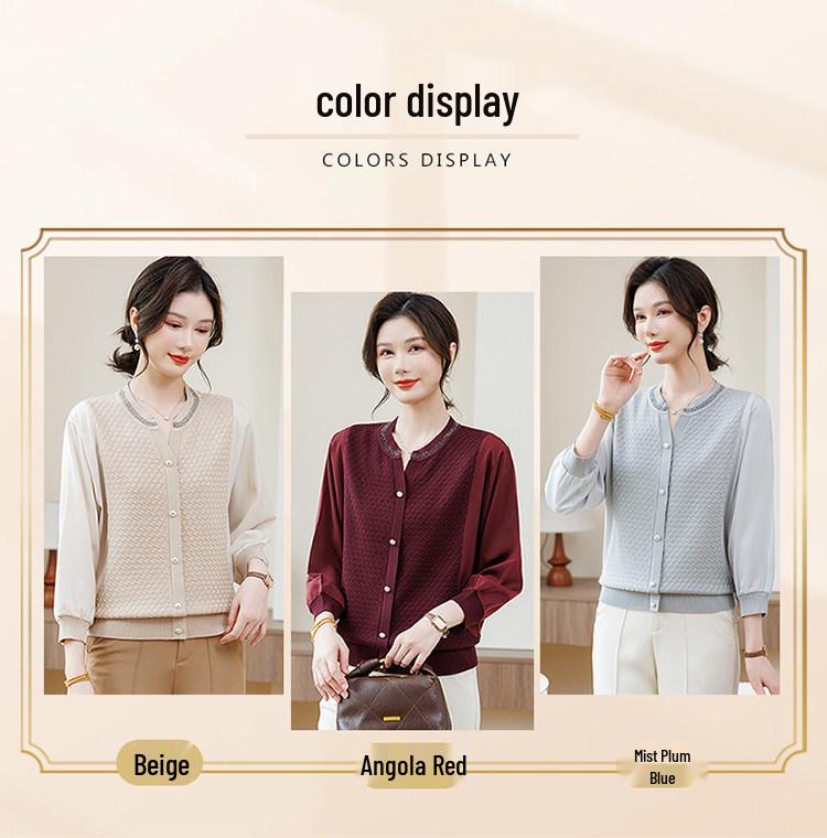 Mother's Spring Style: Gauze Sleeve Knit Top with Hot Drill and Nine-Point Sleeves for Middle-Aged Women