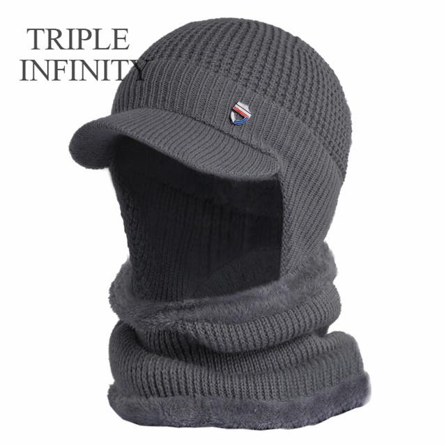 Winter Men Hat Outdoor Ear Protection Warm Thick Bicycle Knitted Cap Scarf Windproof Visors Baseball Cap Male