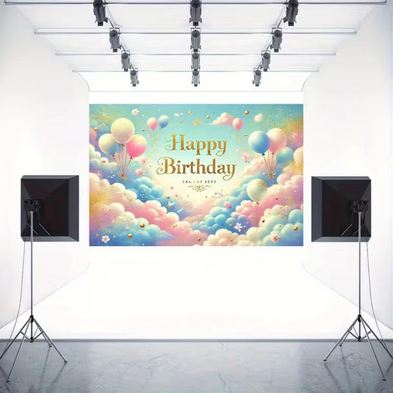 2D Cloud & Balloon Happy Birthday Backdrop for Baby Shower and Birthday Decor