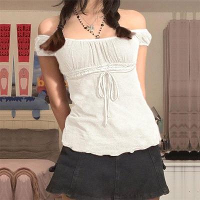 2000. Estetyczne słodkie koronkowe topy damskie Off Shoulder T-shirt ze sznurkiem koreańska moda damska koszulka wróżka Grunge Streetwear