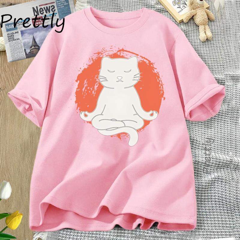 Yoga T Shirt Funny Cat Yoga TShirt Women Cotton Round Neck Short Sleeve Tshirt Casual Loose Graphic T Shirts Women Clothing