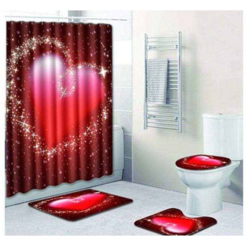 Valentine'S Day Toilet Shower Curtain Four-Piece Printed Floor Mat Set Bathroom Floor Mat Bedroom Absorbent Door Mat Carpet