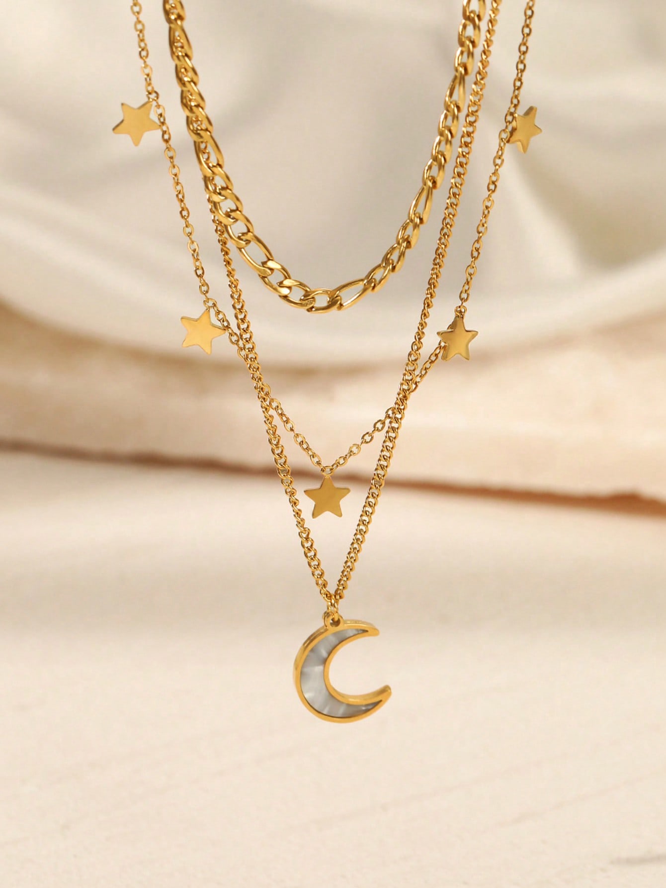 

1 set of star moon inlaid shell stainless steel plated 18K real gold women s multi-layer necklace