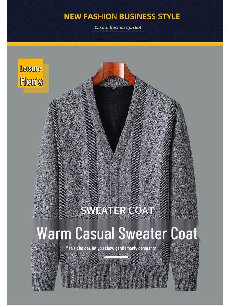 Warm Fleece-Lined Cardigan for Middle-Aged and Elderly Men: Knitted Sweater & Thick Grandpa Jacket