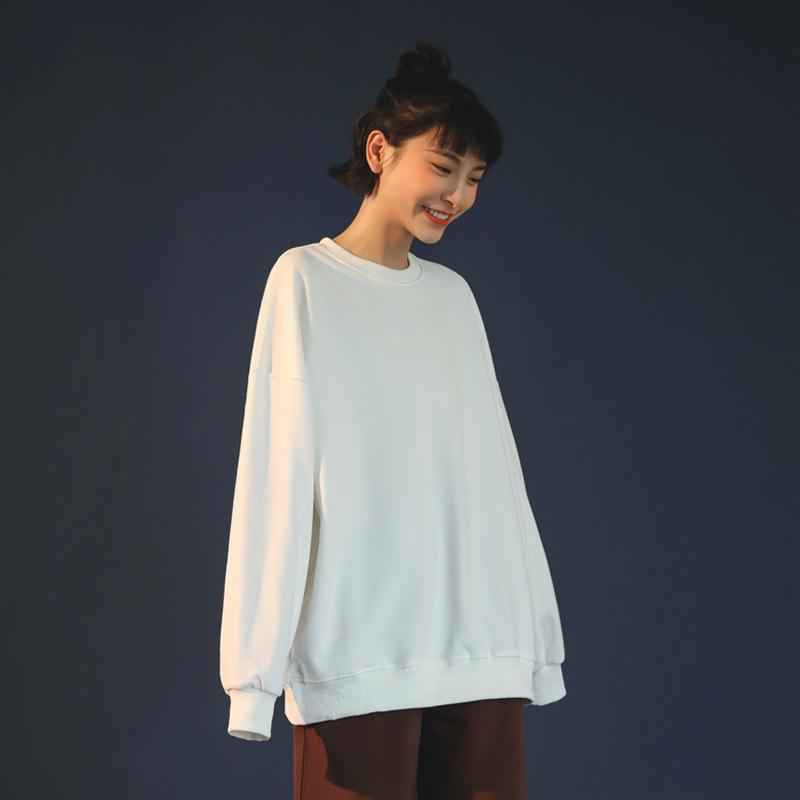 Spring Crew Neck Sweatshirt: Drop Shoulder, Solid Color, Long Sleeve, Logo-Printed Workwear.