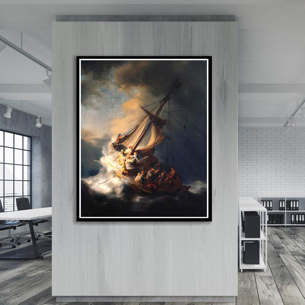 Póster clásico de Rembrandt impreso Cristo en la tormenta en el mar, pintura en lienzo de Galilea, galería de arte de pared famosa, decoración del hogar