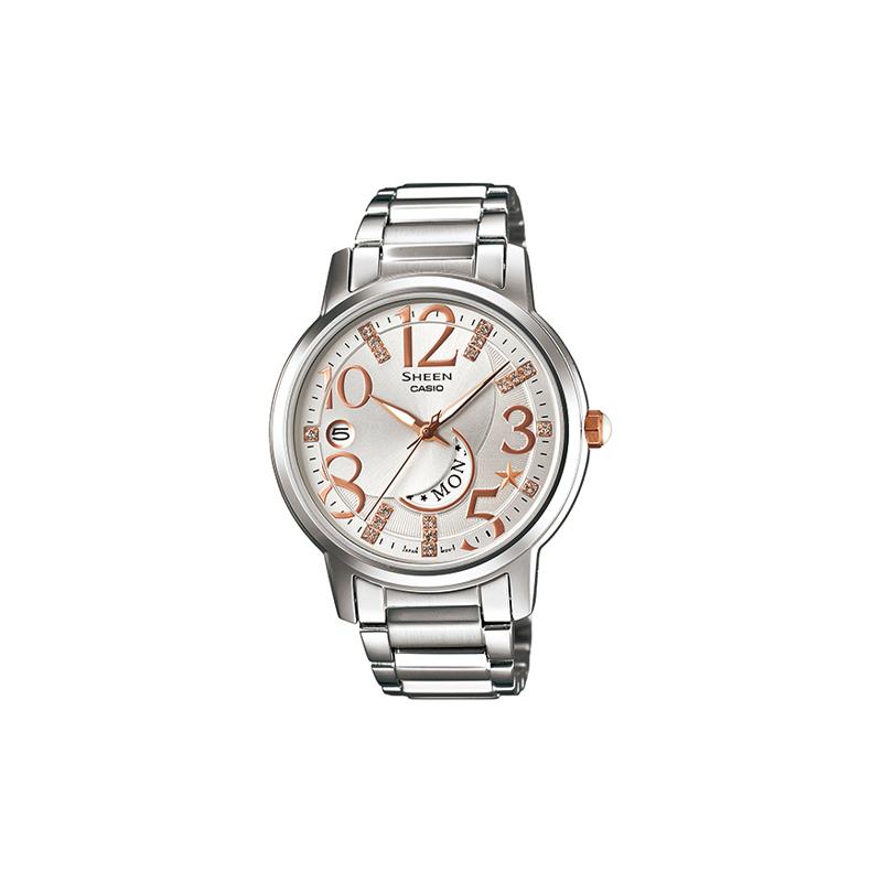 

Casio SHEEN simple three-hand sun-moon star day and date display embellished waterproof sports business watch quartz movement stainless SHE-4028D-7A срібний