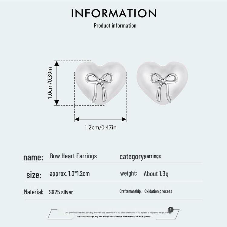 Aifle Simple Versatile S925 Sterling Silver Heart Bow Earrings for Women, Platinum-Plated, Heart-Shaped, Perfect for Commuting
