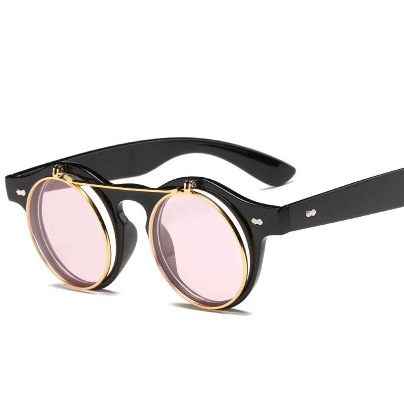 Fashion Vintage Round Steam Punk Flip Up Sunglasses Classic Double Layer Clamshell Design Sun Glasses Uv400