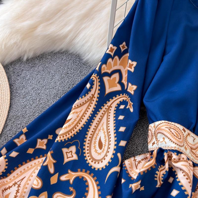 Vintage Evening Dress for Women Print Pleated Puff Sleeve Vestidos Button Designer Femme Robe Temperament Office Lady Ropa Mujer