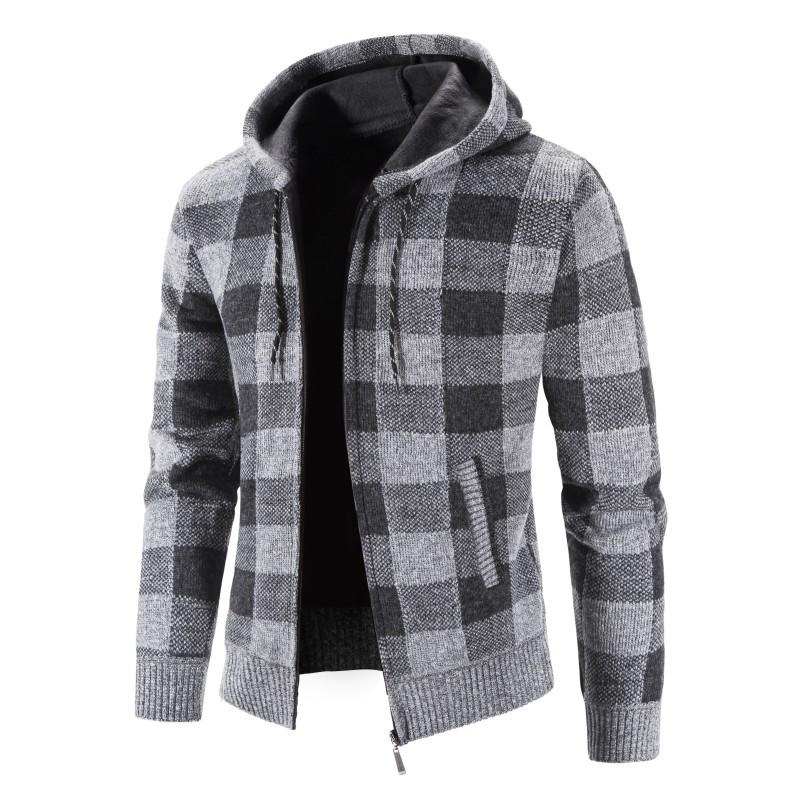 

Men s Plus Size Plaid Hooded Cardigan - Thick Velvet Sweater for Autumn/Winter 3XL