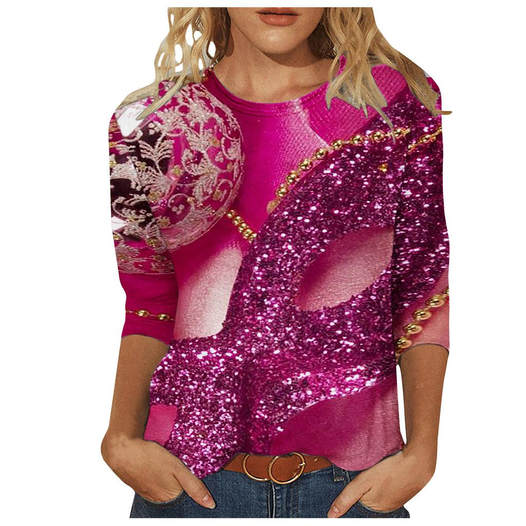 Long Sleeved Glamorous Mask Patterned Top Carnival Themed Printed Women's T-shirts