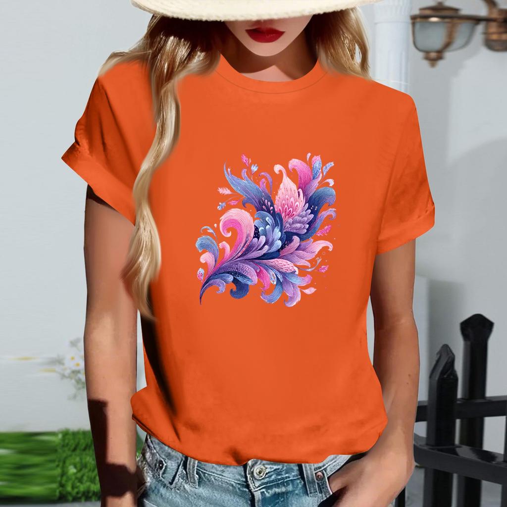 Women's Fashionable Round Neck Casual Retro Print Short Sleeved T-shirt Top