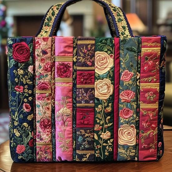 Quilted Vintage Handbag Women Tote Bag Shoulder Bag Machine Washable Floral Purse for Commuting Travel Grocery Shopping Beach
