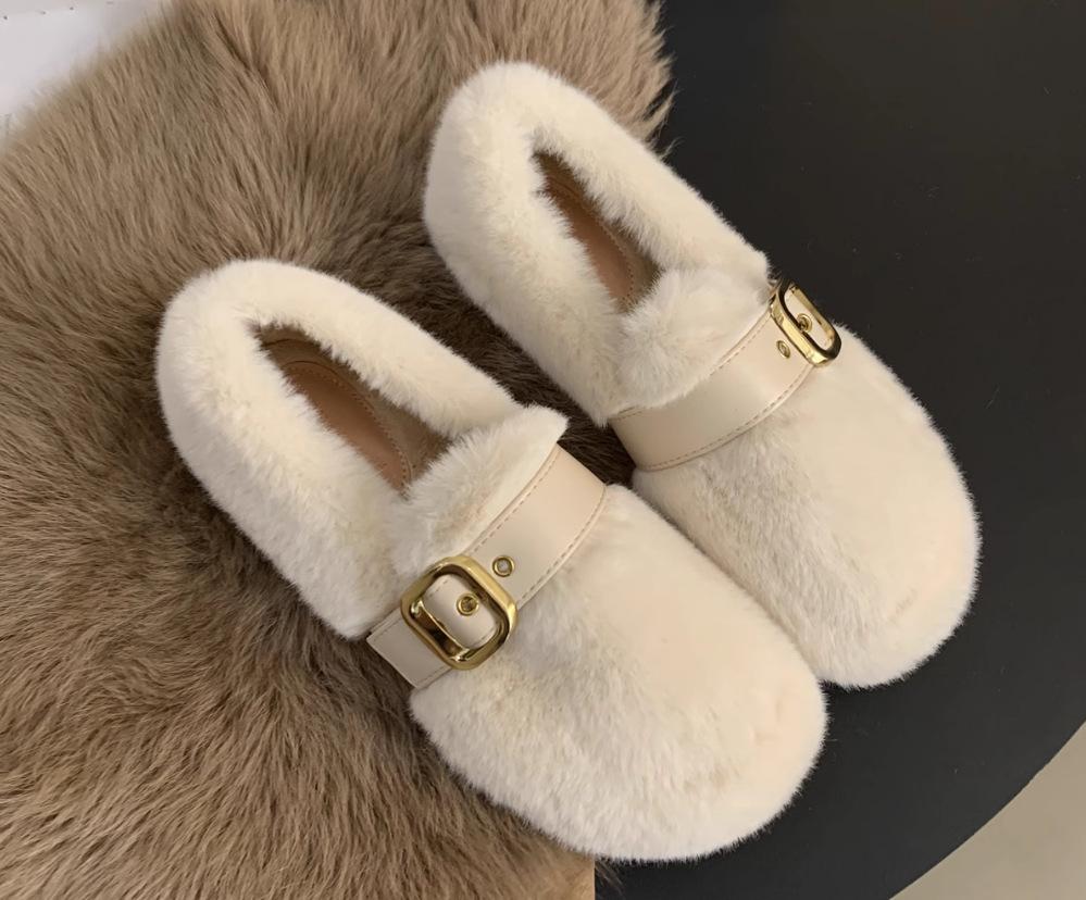 Flat-bottomed plush shoes female autumn and winter mink hair warm fairy wind Doudou cotton shoes