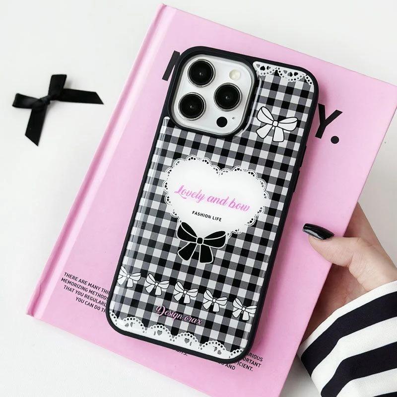 Ins black and white plaid love for iPhone Apple 17/16 mobile phone case 14 water condensation 13 niche 12 Epoxy 15