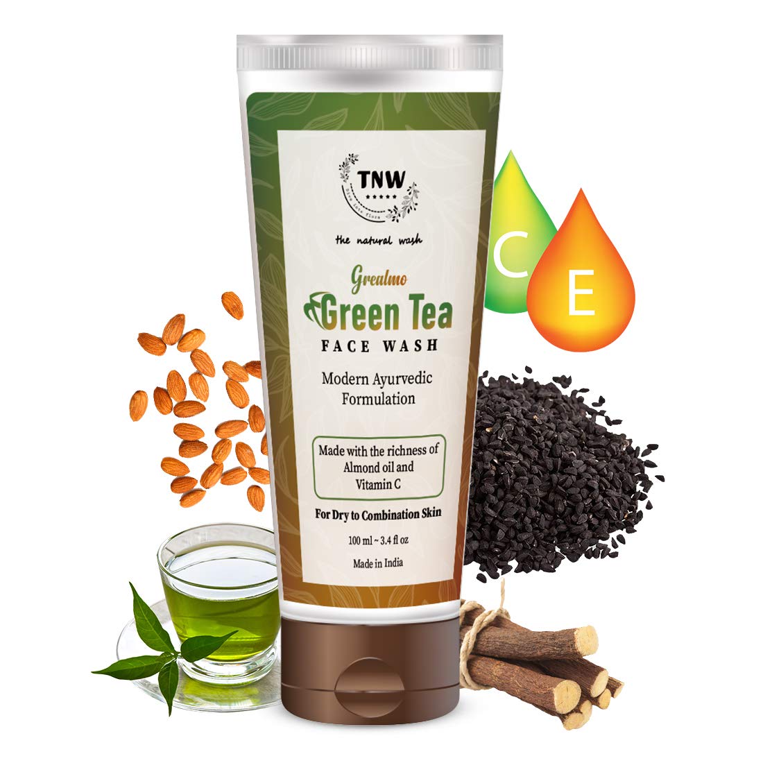 TNW-THE NATURAL WASH Green Tea Face Wash | Dirt Removal Face Wash for Men & Women for dry and combination skin with Almond Oil and Vitamin C (100