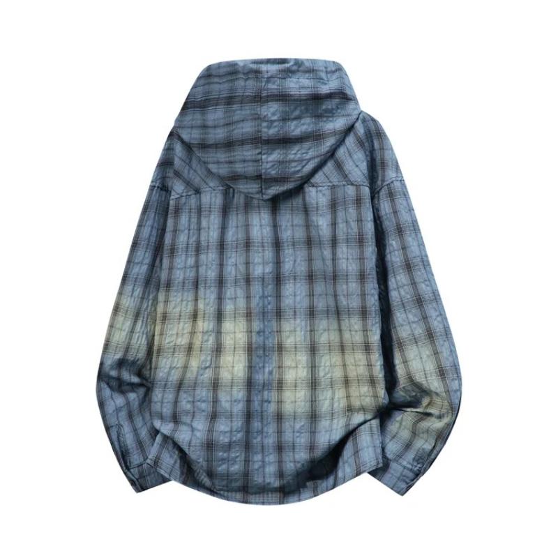 Unisex Plaid Long Sleeve Hooded Shirt Loose Sun Protection Outerwear American Retro Couple's Shirt Jacket Men's Top