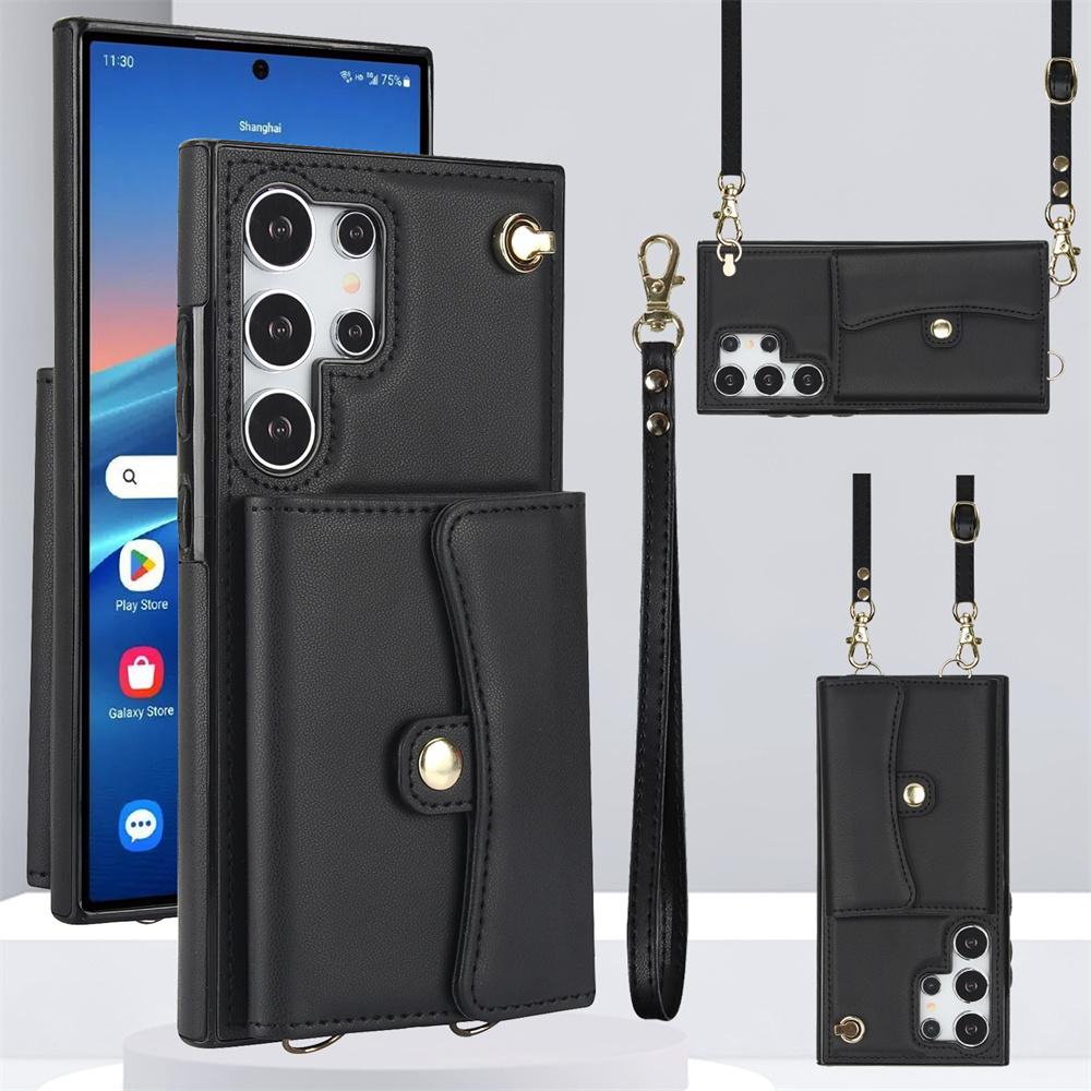 

Чехол-кошелек с диагональным ремешком, чехол для телефона Samsung Galaxy S24 S23 S22 Plus Note 20 Ultra S21 FE A13 A52 A53 A14 A54, кожаный чехол с держателем для карт Samsung S9 чёрный