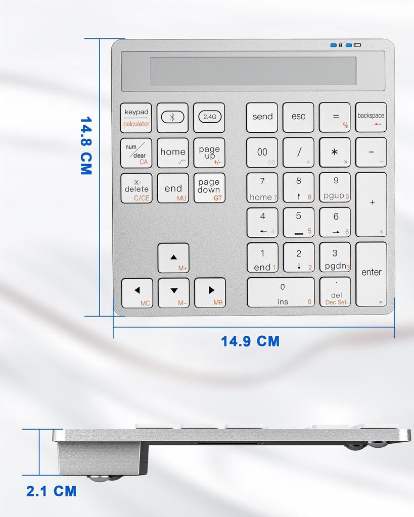 Dual-Mode Bluetooth & 2.4G Wireless Numeric Keypad with Built-in Calculator, Compatible with MacLaptops, 34-Key Portable Accounting Keyboard for