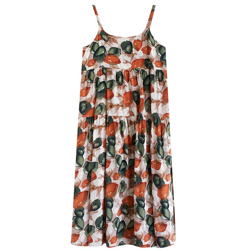 2024 Summer Cotton Linen Spaghetti Strap Long Dress with Large Hem and Slimming Fit