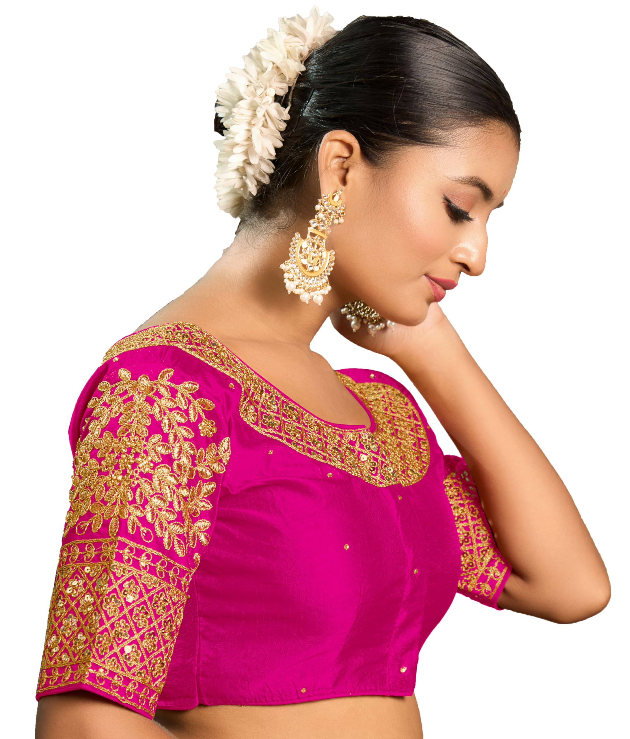 Pujia Mills Women S Heavy Embroidery Coding With Sequins Work Half Sleeves Fancy Readymade Saree Blouse (Pink, 38) 38 розовый