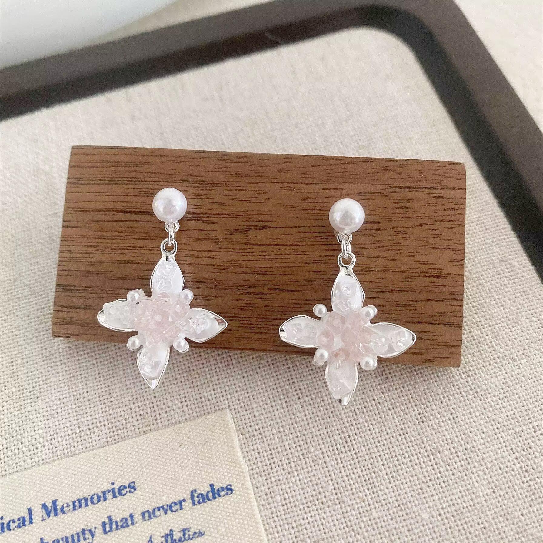 Elegant Pink Crystal Flower Pearl Earrings - S925 Sterling Silver Studs for Women