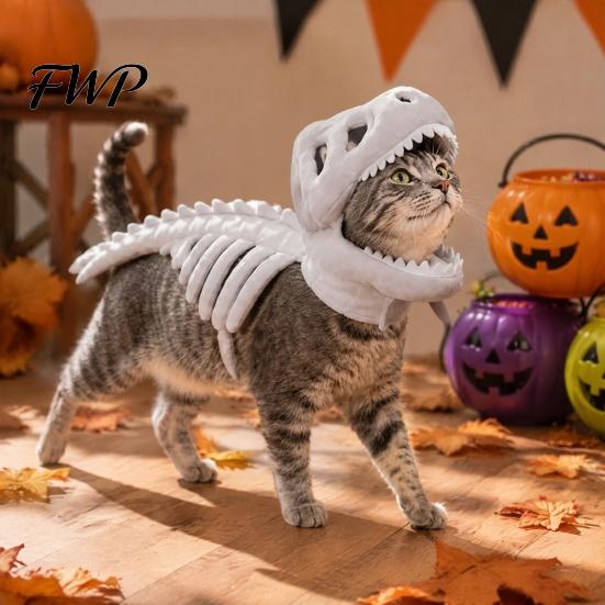 Night Walking Reflective Pet Apparel Glow In The Dark 3D Dinosaur Skeleton Costume, Plush Halloween Cosplay Outfit for Cats Dogs, Luminous Dino